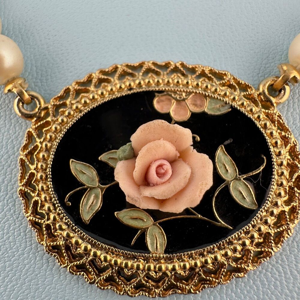 Vintage 1928 Porcelain Rose Station Pendant Necklace Faux Pearl Victorian Style - Picture 2 of 15